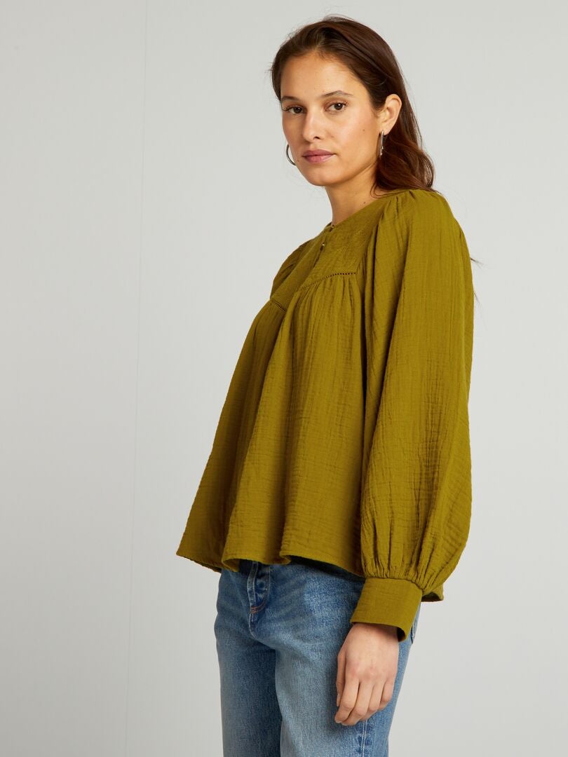 Blouse En Gaze De Coton Avec Broderie Vert Kiabi