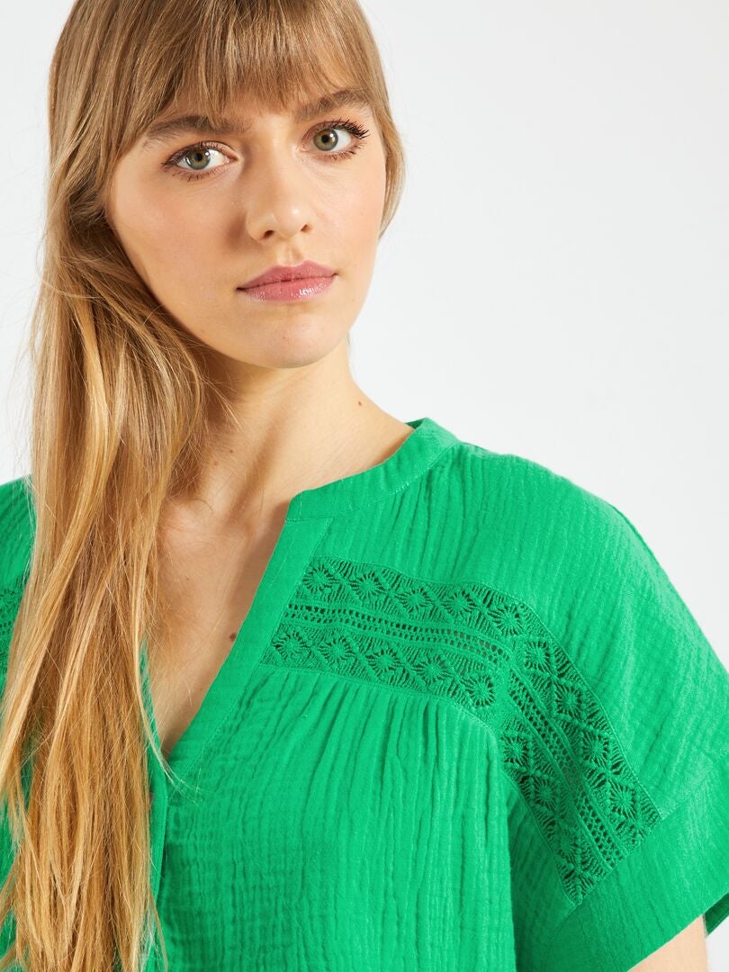 Blouse En Gaze De Coton Avec Broderie Vert Kiabi