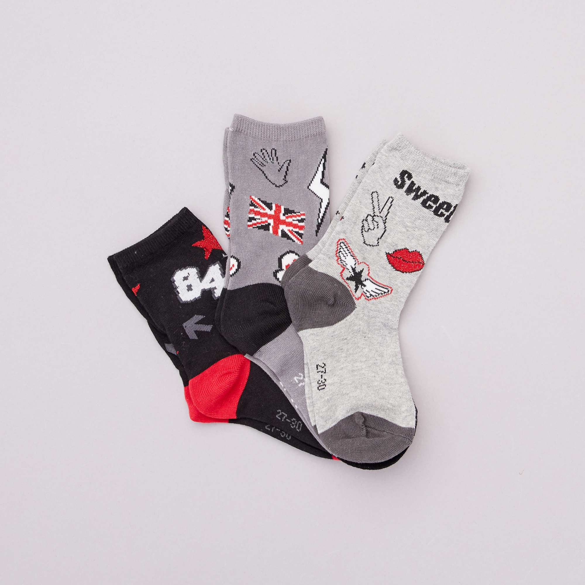 Lot de 3 paires de chaussettes à motifs Fille adolescente noir gris