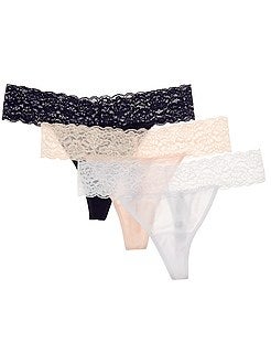 Culotte, shorty, string - Lot de 3 strings en coton et dentelle 