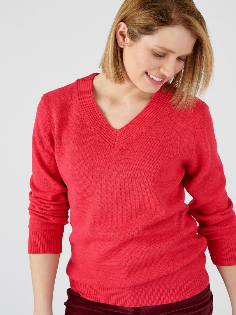 Pull Col V Maille Jersey Damart Rose Framboise Kiabi