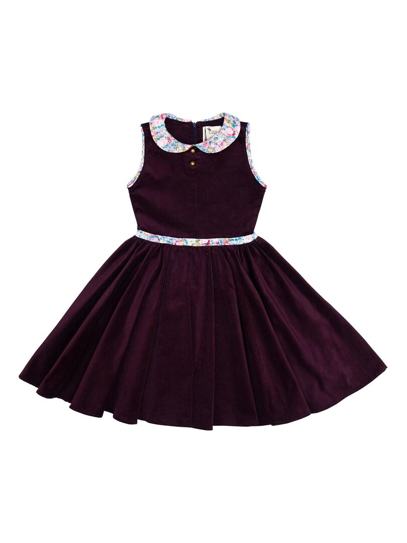 Robe Qui Tourne Fille Velours Violet Aubergine Col Claudine Fleurie