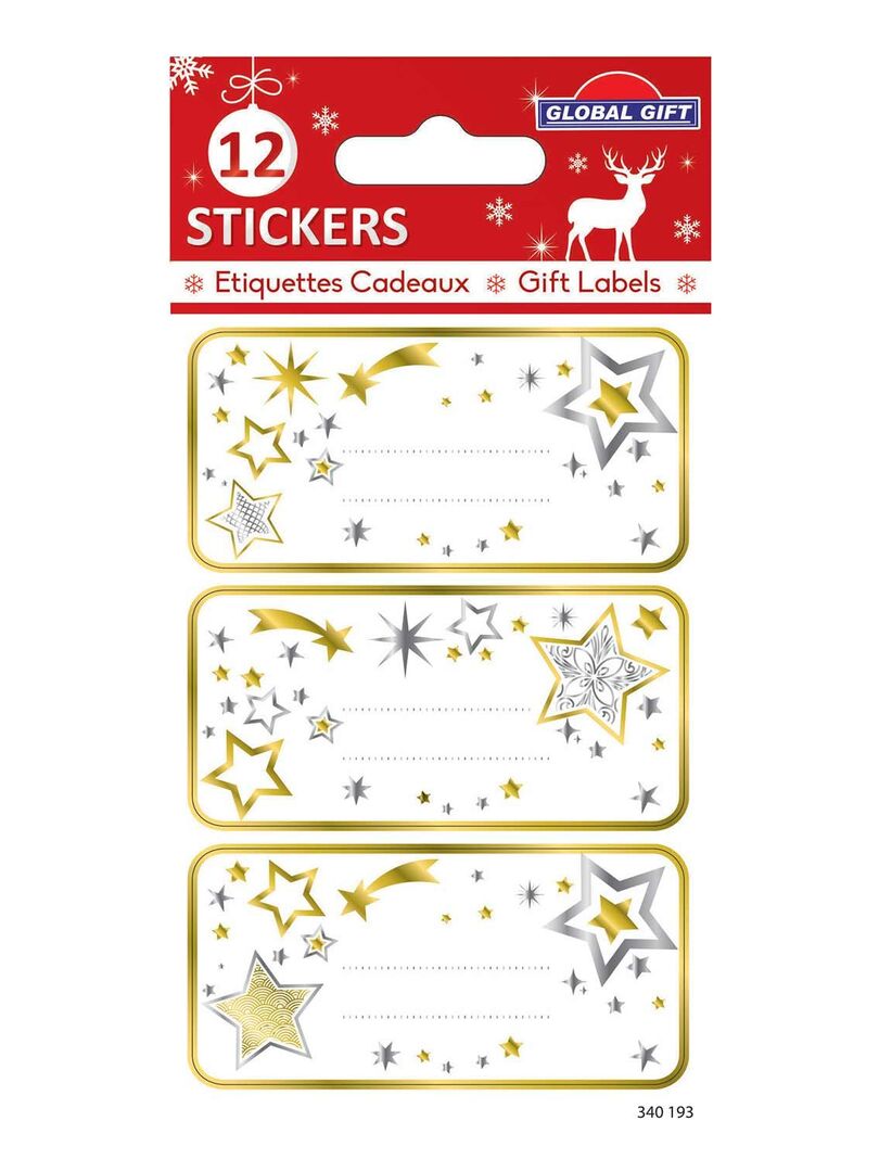 12 étiquettes adhésives de Noël - Étoiles dorées et argentées N/A - Kiabi