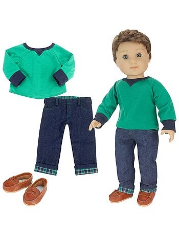 18" poupée - chemise, jean à menace en flanelle et mocassins