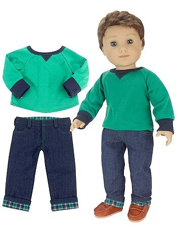 18" poupée - chemise, jean à menace en flanelle et mocassins