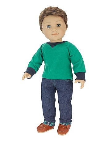 18" poupée - chemise, jean à menace en flanelle et mocassins