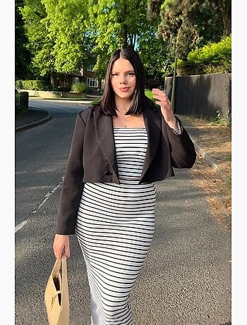 2 pièces : haut court sans bretelles rayé et jupe midi taille mi-haute rayée hiccup