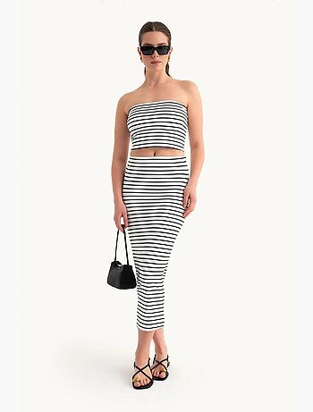 2 pièces : haut court sans bretelles rayé et jupe midi taille mi-haute rayée hiccup
