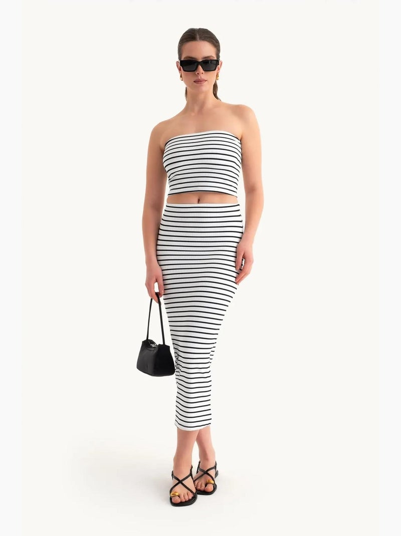 2 pièces : haut court sans bretelles rayé et jupe midi taille mi-haute rayée hiccup Blanc - Kiabi