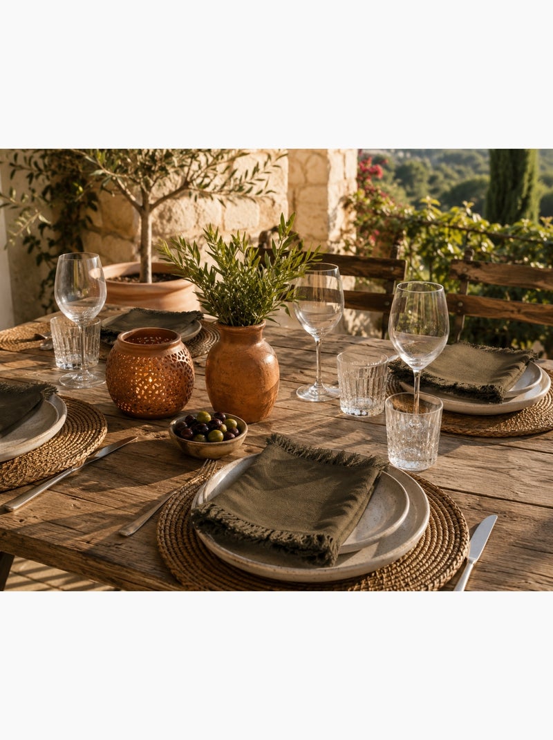 2 Serviettes de tables a franges en coton Kaki - Kiabi