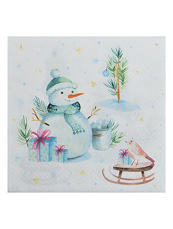 20 serviettes en papier Bonhomme de neige et oiseau