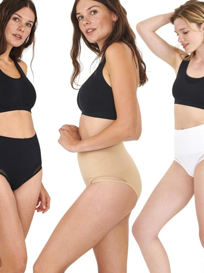 3 culottes ceinture minceur en résille So'Slim pour femme Noir Beige Blanc - Kiabi