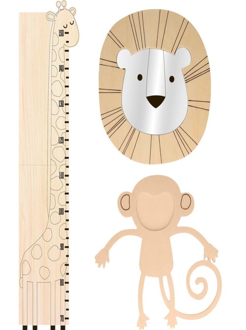3 déco murales en bois - Singe, lion et girafe - Artemio - Kiabi
