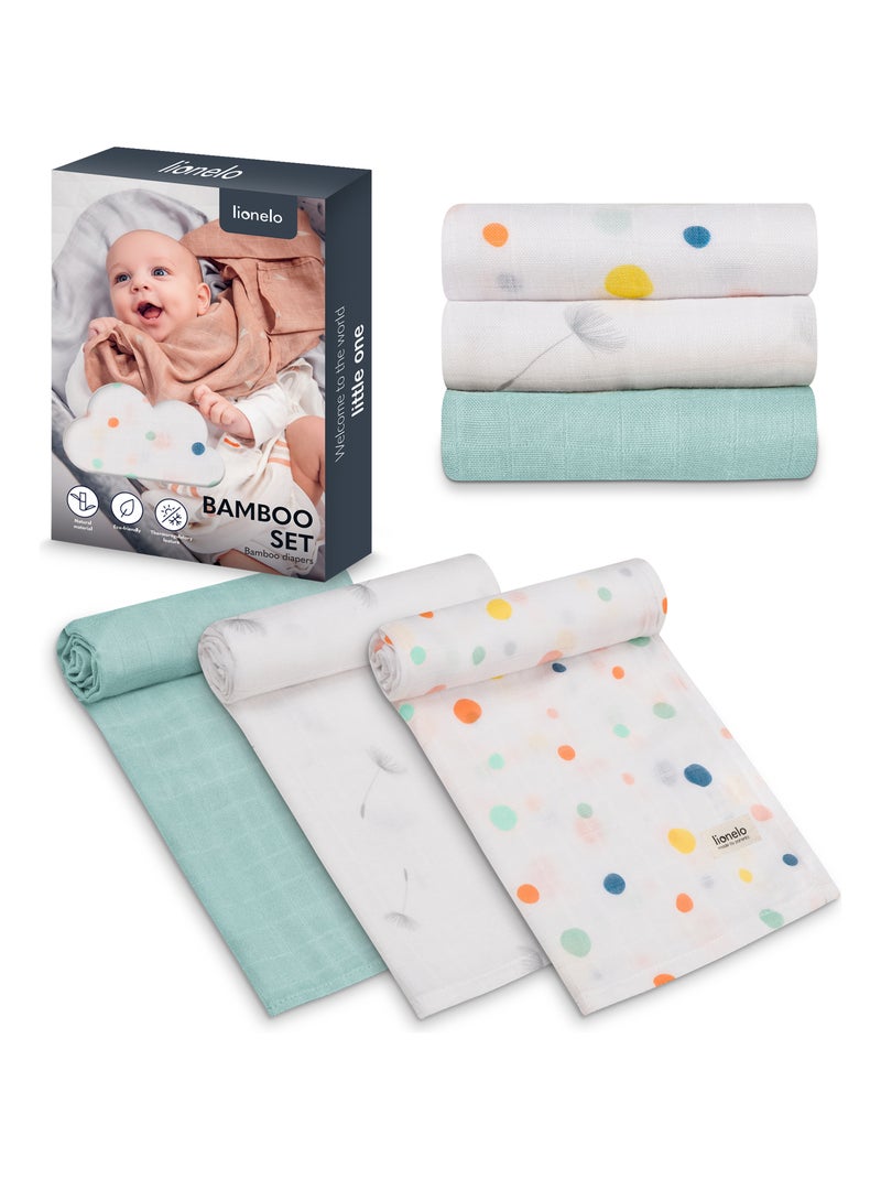3 x Langes coton bébé en bambou naturel LIONELO - 70x70 cm - Antibactériens Blanc Bleu Blanc - Kiabi