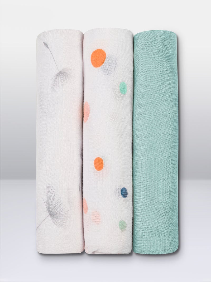 3 x Langes coton bébé en bambou naturel LIONELO - 70x70 cm - Antibactériens Blanc Bleu Blanc - Kiabi