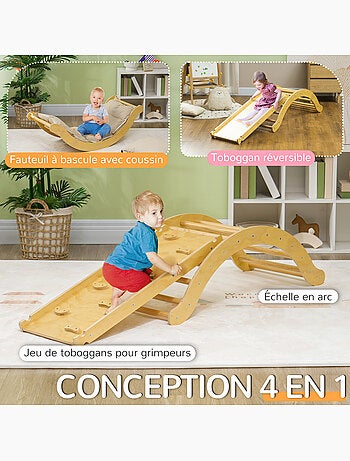 4 en 1 arche escalade enfant chaise à bascule avec coussin rampe double-face grimper glisser bois