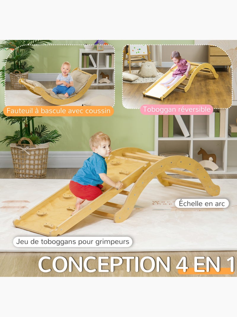4 en 1 arche escalade enfant chaise à bascule avec coussin rampe double-face grimper glisser bois Beige - Kiabi