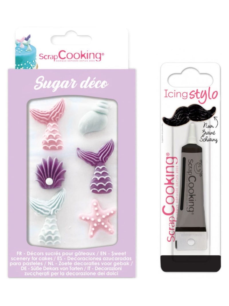 6 décors sucrés Sirène + Stylo de glaçage noir - ScrapCooking Multicolore - Kiabi