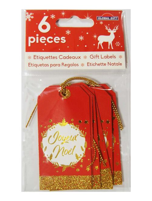 6 étiquettes cadeaux rouges "Joyeux Noël"- Paillettes dorées - Kiabi