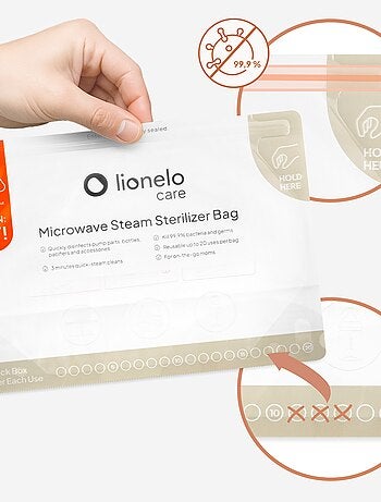 8 x Sachets stérilisateurs réutilisables LIONELO - Au micro-ondes - Pour biberons et accessoires