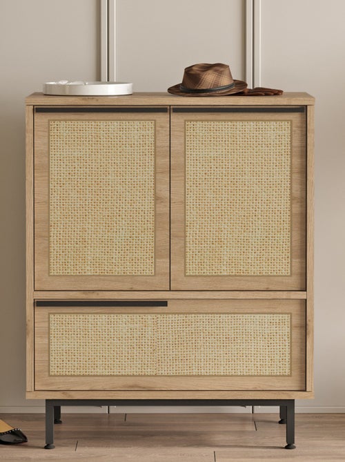 ABA - Meuble à chaussures 3 portes finition bois et cannage 75x90cm - Kiabi