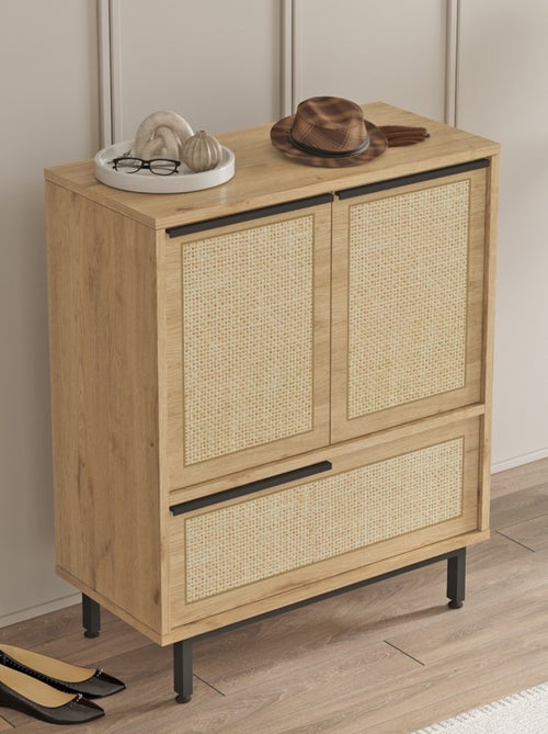 ABA - Meuble à chaussures 3 portes finition bois et cannage 75x90cm - Kiabi