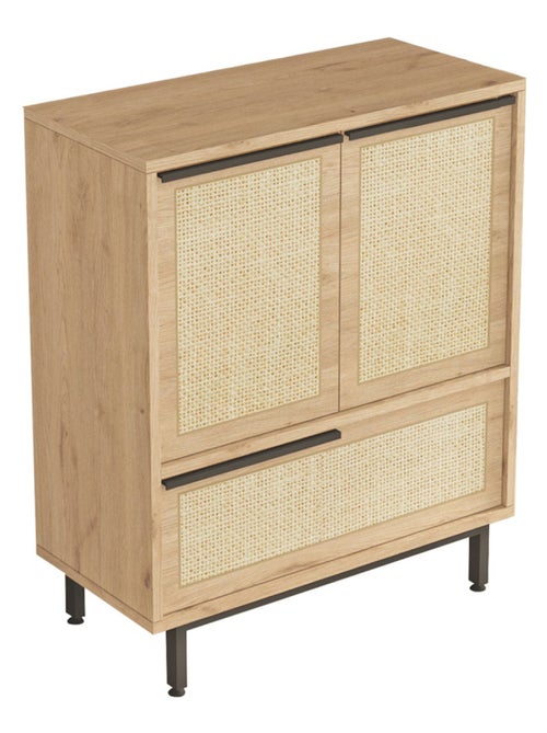 ABA - Meuble à chaussures 3 portes finition bois et cannage 75x90cm - Kiabi
