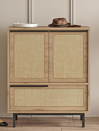 ABA Meuble à chaussures 3 portes finition bois effet cannage 75x90cm