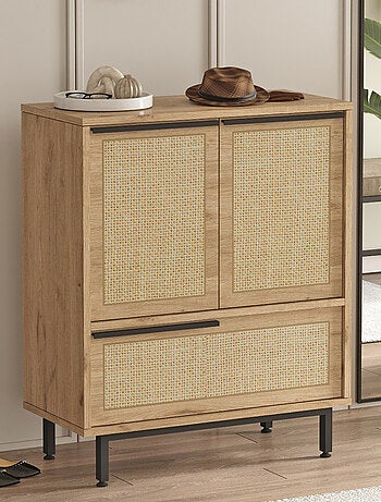 ABA Meuble à chaussures 3 portes finition bois effet cannage 75x90cm