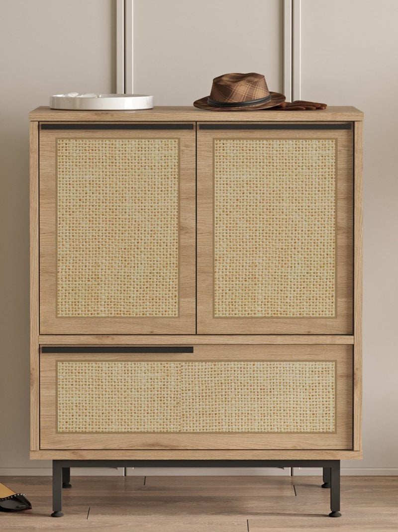 ABA Meuble à chaussures 3 portes finition bois effet cannage 75x90cm Marron - Kiabi