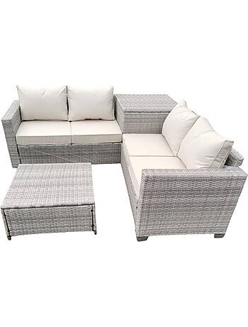 Abacos salon de jardin d'angle 4 places en résine tressée avec coffre de rangement gris et beige