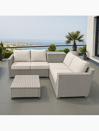 Abacos salon de jardin d'angle 4 places en résine tressée avec coffre de rangement gris et beige