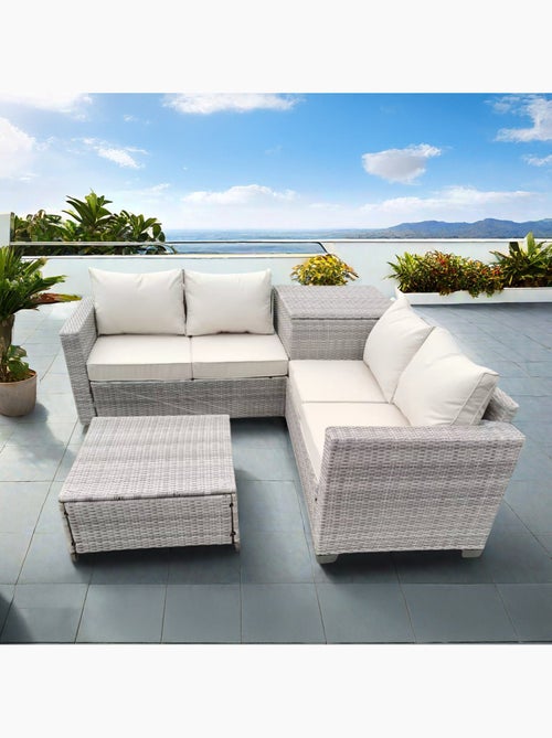 Abacos salon de jardin d'angle 4 places en résine tressée avec coffre de rangement gris et beige - Kiabi