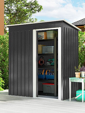 Abri de jardin - remise pour outils - cabanon porte coulissante - tôle d'acier noir blanc