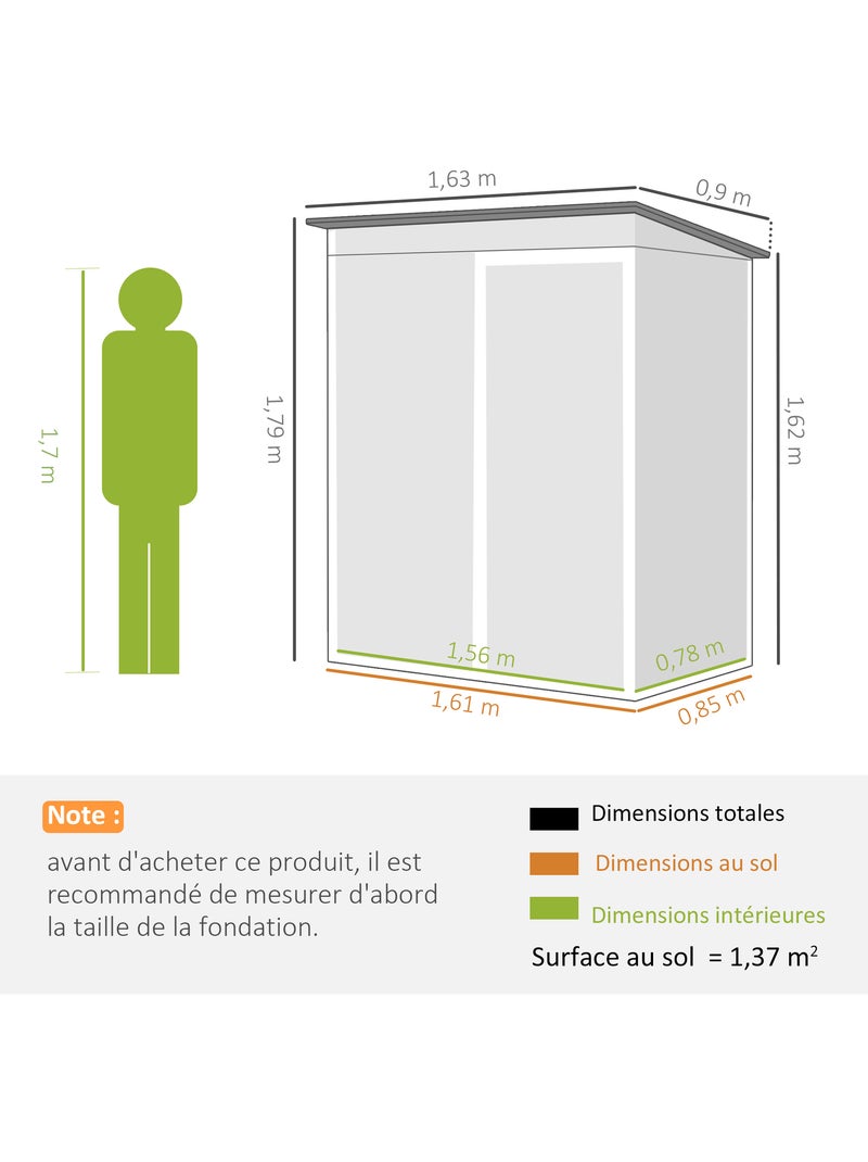 Abri de jardin 1,37 m² porte tôle d'acier ondulé Gris - Kiabi