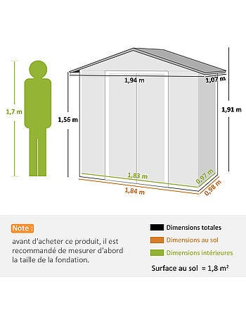 Abri de jardin 1,8 m² 2 portes tôle d'acier ondulé