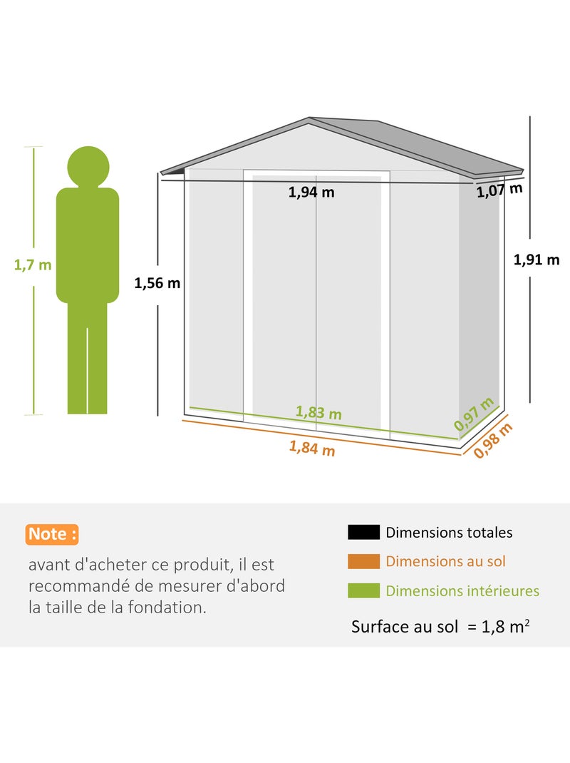 Abri de jardin 1,8 m² 2 portes tôle d'acier ondulé Gris - Kiabi