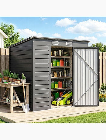 Abri de jardin 191 x 130 x 166 cm porte verrouillable tôle acier ondulé gris