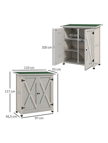 Abri de jardin 2 portes 2 étagères bois sapin pré-huilé gris clair