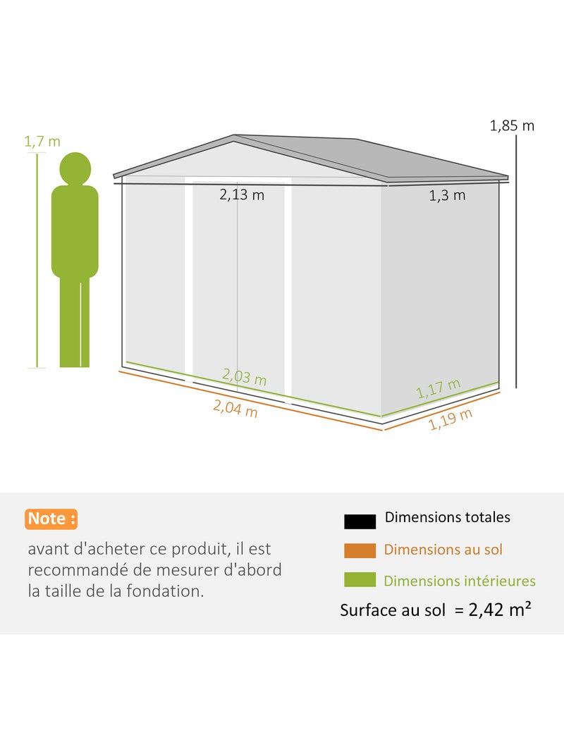 Abri de jardin 2,42 m² tôle d'acier gris alu Gris - Kiabi