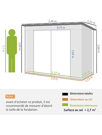 Abri de jardin 3 m² tôle d'acier 2 portes verrouillables 2 évents