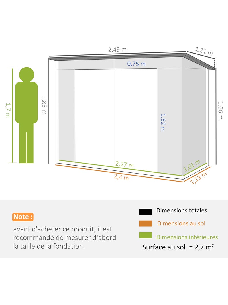 Abri de jardin 3 m² tôle d'acier 2 portes verrouillables 2 évents Gris - Kiabi