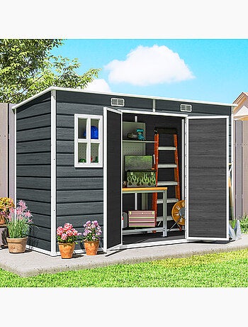 Abri de jardin 3,2 m² porte plancher fenêtre effet bois gris