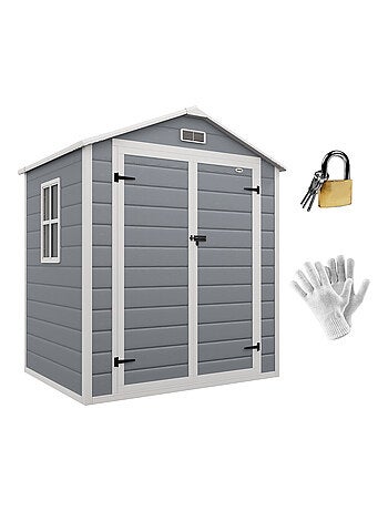 Abri de jardin cabanon 2,12 m² - 2 portes, fenêtre, aération, toit double pente - résine PP gris