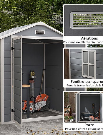 Abri de jardin cabanon 2,12 m² - 2 portes, fenêtre, aération, toit double pente - résine PP gris