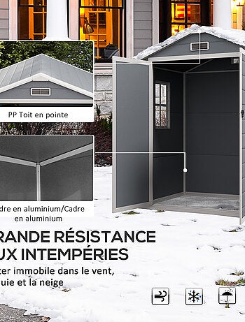 Abri de jardin cabanon 2,12 m² - 2 portes, fenêtre, aération, toit double pente - résine PP gris