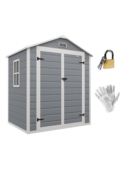 Abri de jardin cabanon 2,12 m² - 2 portes, fenêtre, aération, toit double pente - résine PP gris - Kiabi