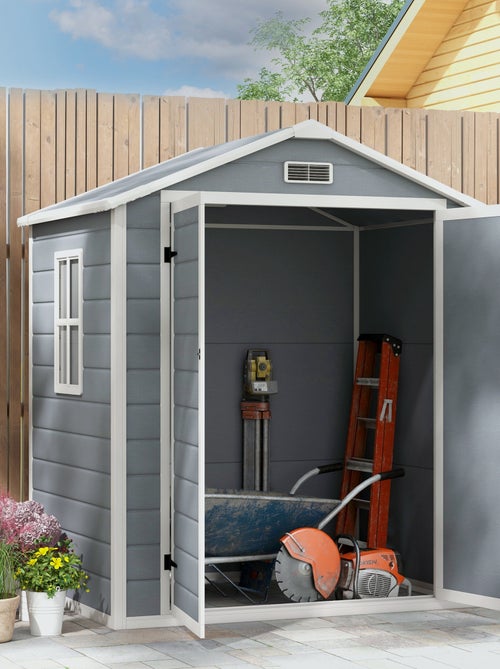 Abri de jardin cabanon 2,12 m² - 2 portes, fenêtre, aération, toit double pente - résine PP gris - Kiabi