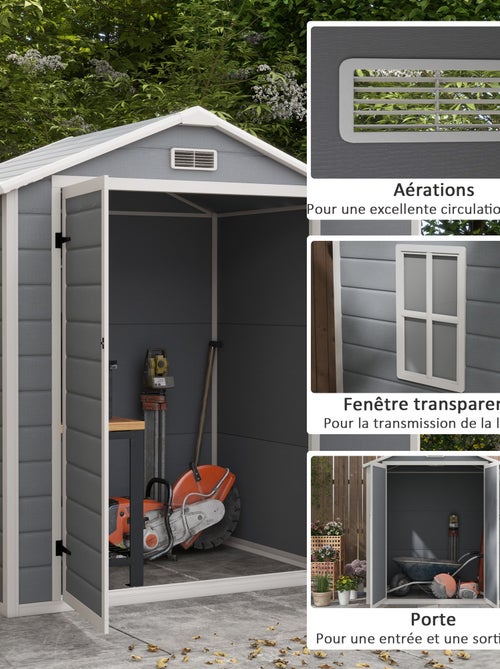 Abri de jardin cabanon 2,12 m² - 2 portes, fenêtre, aération, toit double pente - résine PP gris - Kiabi