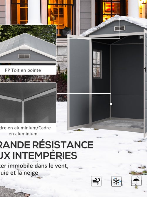 Abri de jardin cabanon 2,12 m² - 2 portes, fenêtre, aération, toit double pente - résine PP gris - Kiabi